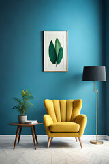 Modern interior, bright yellow chair in a living room with a blue wall and a lamp
