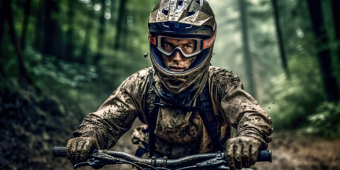 Obraz premium Mountainbiker Mountainbiking im Wald Trail Sommer Winter Illustration Digital Art Generative AI Hintergrund Sport Leistung Action 