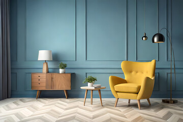 Modern interior, bright yellow chair in a living room with a blue wall and a lamp