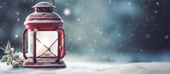 Fototapeta na wymiar Christmas lanterns in snow, red, and white colors. Generative AI.