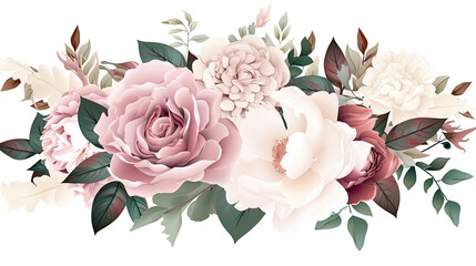 garland or tender pink and beige flowers, floral wedding background, ai generative