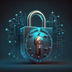 인터넷 보안 및 데이터 방지, 진한 파란색 배경의 보안 자물쇠 아이콘, 해커 및 바이러스에 대한 온라인 데이터 액세스 방어 기술