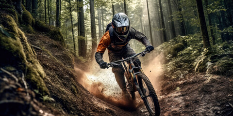 Mountainbiker Mountainbiking im Wald Trail Sommer Winter Illustration Digital Art Generative AI Hintergrund Sport Leistung Action 