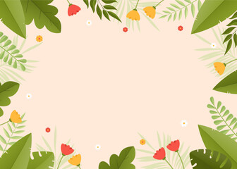 background design with flat illustrations of various plants and leaves