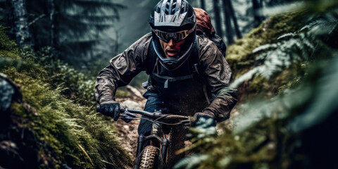 Fototapeta na wymiar Mountainbiker Mountainbiking im Wald Trail Sommer Winter Illustration Digital Art Generative AI Hintergrund Sport Leistung Action 