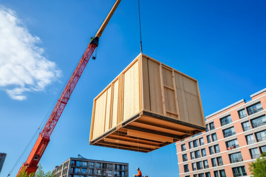 Wooden building module is raised by a crane and placed into the framework. Berlin office building under construction. Modular wood construction. High quality generative ai