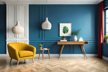 Modern interior, bright yellow chair in a living room with a blue wall and a lamp