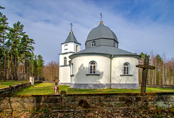 General view and architectural details of the Orthodox Church of the Nativity of St. John the Baptist built in 1929 in the village of Stara Grzybowszczyzna in Podlasie, Poland.