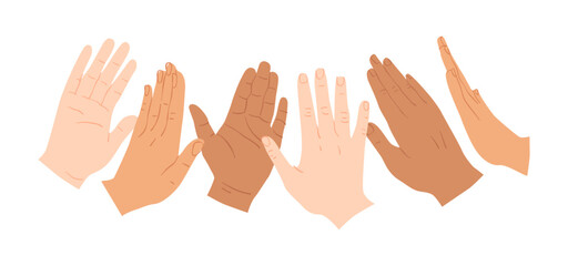 Obraz premium Diverse people hand doing high five gesture together. Modern hands cartoon illustration of business partner team, friend group or success celebration concept.