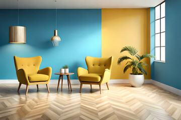 Modern interior, bright yellow chair in a living room with a blue wall and a lamp
