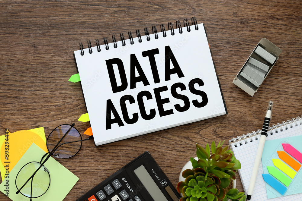 Poster data access - text on notepad pages with tacky bookmarks and stickers. calculator and glasses