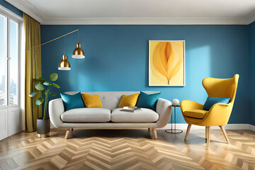 Modern interior, bright yellow chair in a living room with a blue wall and a lamp