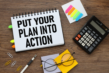 Put your plan into action, notepad with sticky stickers with text