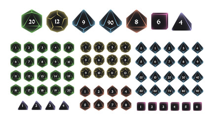 D4, D6, D8, D10, D12, and D20 Dice Icons for Boardgames With Numbers