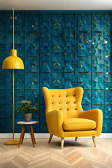 Modern interior, bright yellow chair in a living room with a blue wall and a lamp