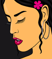 Portret pięknej czarnowłosej kobiety o śniadej cerze. Brunetka o lśniących różowych ustach i białych zębach. Ładna dziewczyna z długimi rzęsami i kwiatem we włosach. Ilustracja, rysunek twarzy kobiety