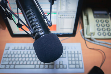 Professional microphone and sound mixer in Radio studio