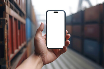 Beautiful hand person holding modern mobile phone white screen against  a large number of containers are waiting for sea shipment, business and technology concept