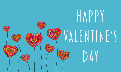 Happy Valentine’s Day - Schriftzug in englischer Sprache - Schönen Valentinstag. Grußkarte mit bunten Herzblumen.