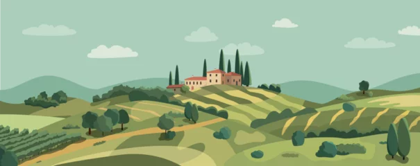 Fotobehang Italian village cartoon landscape with green hills and fields. Vector illustration. Flat design poster. European summer village. European countryside in fall. Country houses © Alex_Zakharov