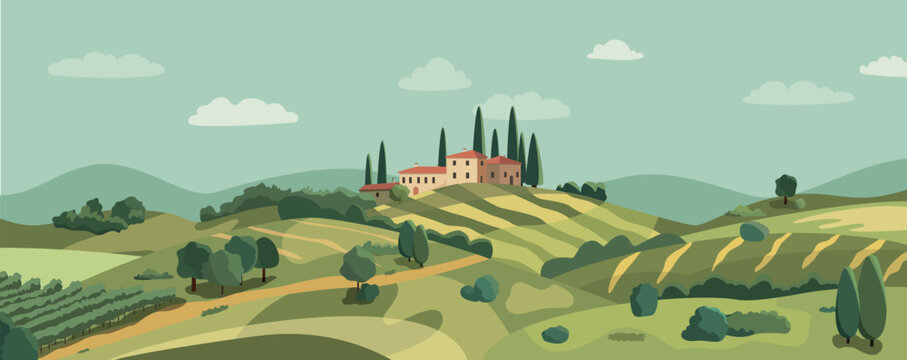 Italian village cartoon landscape with green hills and fields. Vector illustration. Flat design poster. European summer village. European countryside in fall. Country houses