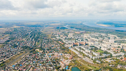 Fototapeta na wymiar Volgograd, Russia. Krasnoarmeisky district. Cloudy weather, Aerial View