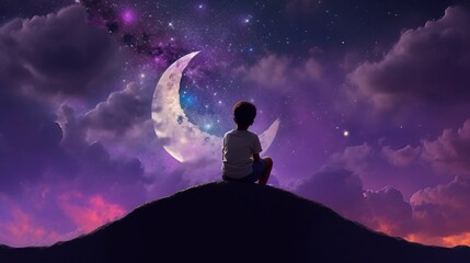 A dreamlike illustration of a child sitting on a hill against a night time purple sky background with stars. A.I. generated.
