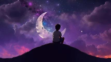 Papier Peint photo Tailler A dreamlike illustration of a child sitting on a hill against a night time purple sky background with stars. A.I. generated. 