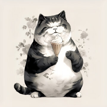 Japanese Ink Painting Style Illustration of a Fat Cat with an Ice Cream Cone