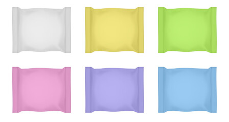 Set of white, yellow, green, pink, purple and blue  flow packs. Chocolate bar or ice cream wrapper. Silver foil bag. Realistic 3d mockup of a cookie snacks. Pouch