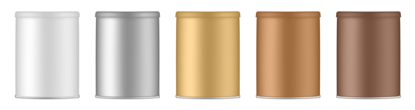Set of aluminium canisters. White, silver, gold and brown tin containers. Tea or cookie jar. Round box for sugar or flour