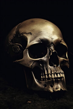 Detailed reference photo of human skull, isolated on a dark background. Generative AI. 