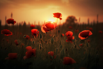 A field full of poppy flowers in a sunset. (AI generated)