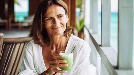 Middle aged caucasian woman with brown hair enjoying a healthy green smoothie on a tropical hotel terrace,  AI Generated - 593301087