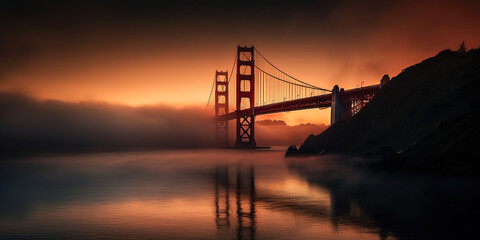 Fototapeta na wymiar Nature's Play of Light: Sunset at the Golden Gate Bridge, ai generated