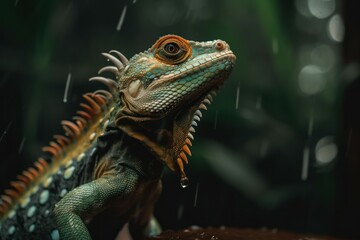 Fototapeta premium Green and yellow iguana under the rain. Generative AI