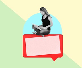 Creative collage of young girl with laptop computer