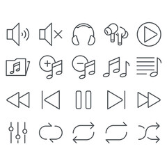 Simple multimedia themed vector icons contain icons such as play, pause, music folder, playlist, rewind, and more.
