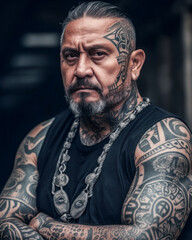 Fototapeta premium A serious looking man with tattoos on his face and arms. Generative AI.