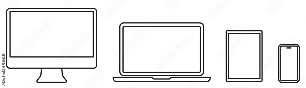 Poster set technology line devices icon: computer, laptop, tablet, smartphone icons. outline mockup electro