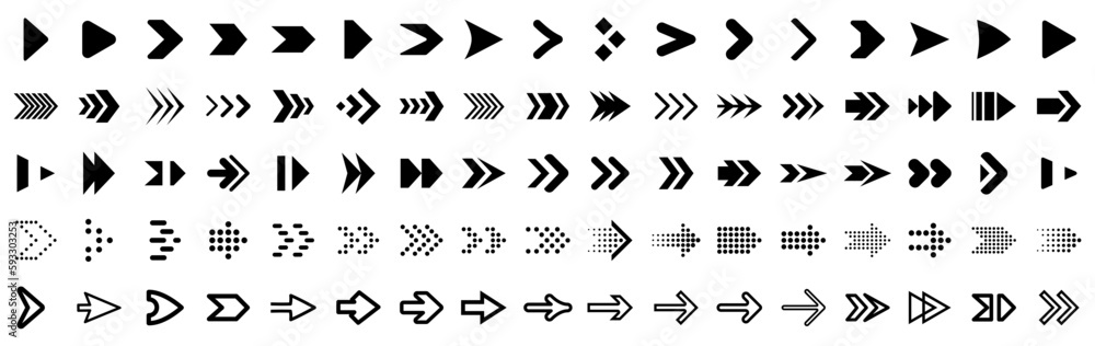 Poster Set arrow icons. Collection different arrows signs. Set different cursor arrow direction symbols in flat style. Black arrows icon – stock vector