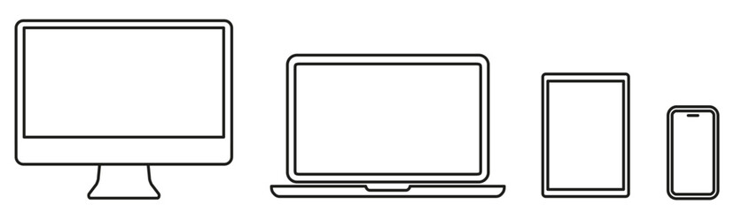 Set technology line devices icon: computer, laptop, tablet, smartphone icons. Outline mockup electronics devices monitor lines simple isolated - stock vector