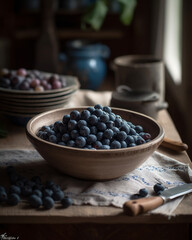 Fototapeta na wymiar The harvested blueberries are placed in a bowl in the kitchen. Western kitchen atmosphere. Natural sunlight enters the kitchen from the windows 