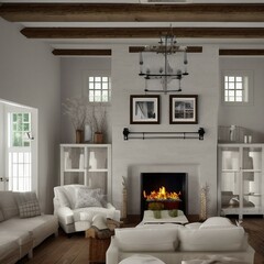 Farmhouse Living Room Interior With Fireplace, Generative AI