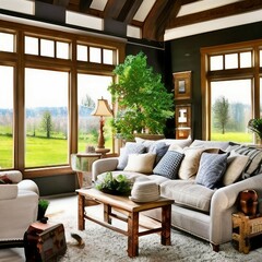 Fototapeta premium Farmhouse Living Room Interior With View, Generative AI