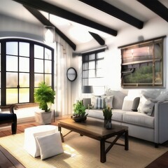 Fototapeta na wymiar Farmhouse Living Room Interior, Generative AI