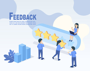 Customer reviews and feedback. People rely on reviews, stars, comments, and ratings from customers. Customer satisfaction for a good experience, positive feedback. Vector illustration.