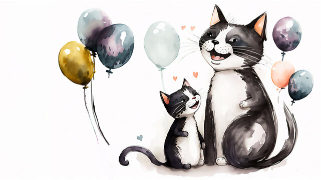 Happy Mother's Day. Cute mother and baby cat together. Watercolor Vector illustration. Generated AI