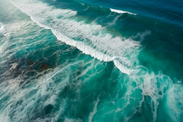 Fototapeta na wymiar View of ocean with waves and water surface at coastline. Aerial top down view of the sea. High quality generative ai