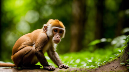 Cute little monkey in the forest in natural settings. Generative AI